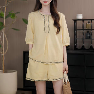 Shalldoer | Retro Artistic Quality Womens Summer Design Embroidered Short Sleeve Straight Leg Short Pants Two Piece Set V Neck Casual Wear