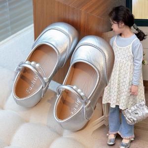 Silver Leather Girls Shoes Summer New Style Princess Flat Shoes Soft Bottom Casual Comfortable Children Footwear for Girls