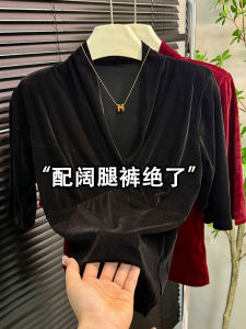 Elegant Velvet Long Sleeve Base Shirt Womens Fashion Shoulder Pad V-neck Slimming Inner Wear Trendy Top Korean Style