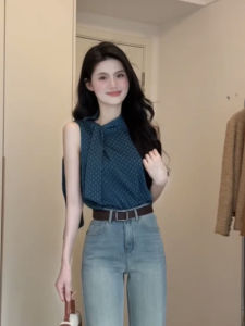 chaqi | Elegant Blue Polka Dot Sleeveless Ribbon Tank Top