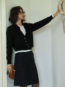 SHEITAOZI | Peach Intellectual Style Wool Polo Neck Black Loose Knitted Cardigan Long Sleeve Top Autumn