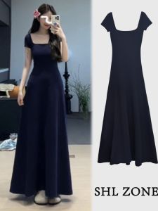 Spring Summer New High-End Floor-Length Short-Sleeve Elastic Knitted Dress Womens Waist-Cinching Long Dress Cotton Blend
