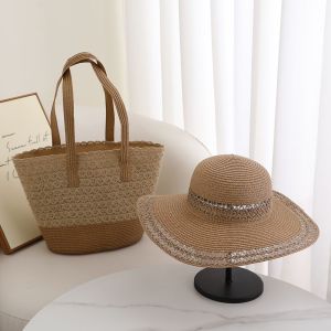 ZHIZHOU | Stylish Large Straw Bag and Wide Brim Hat Set Striped