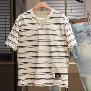 Summer Trendy Mens round Neck Short Sleeve T-Shirt Striped Splicing Color Collision Casual Breathable Loose Fit Cotton Tee