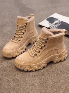 Leather Martin Boots Womens Versatile Cotton Shoes Fleece Lined Short Boots Warm Outdoor Snow Boots Anti-Slip Casual round Toe