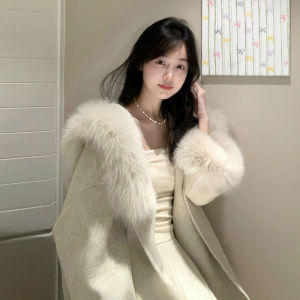 CHANGTONG | เสื้อโค้ทขนสัตว์มีฮู้ดสำหรับผู้หญิงในฤดูหนาว เสื้อโค้ทขนสัตว์แบบยาวปานกลาง ทรงหลวม สไตล์เกาหลี แขนยาว ปกติ