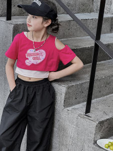 Girls Summer Short Sleeve T-Shirt Set Children Short Style Dopaamine Six One Hip Hop Street Dance Performance Shoulder Baring Top