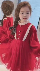 Đầm váy nhung đỏ có nhũ ren xoè bé gái (HÀNG QC)