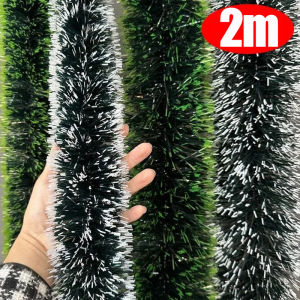 2M Xmas Tree Wrapping Ribbon Ornaments / DIY Party Supplies / Snowy Green Tinsel Garland for Indoor Window Decor / Xmas House Window Ceiling Decor / Imitation Plants Hanging Decor