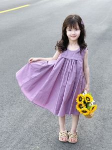 Pure Cotton Vest Dress for Girls Summer Sleeveless A-Line Skirt Casual Style Purple Color Girls Dress Childrens Clothing