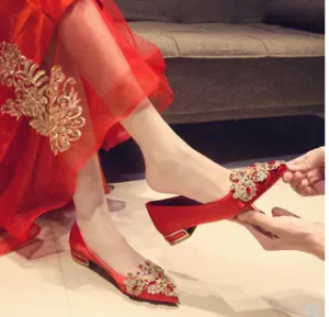 Chinese Style Flat Wedding Shoes Red Marriage Footwear Low Heel Show Heel Womens Fashion Single Shoes Commute Wedding