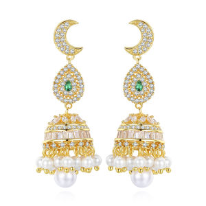 SEQUITO Unique Yellow Gold Plated Pave Setting AAA Cubic Zircon Green Stone Bohemia Pearl Tassel Moon Drop Long Bell Earrings for Women Wedding Ethnic Jewelry SE656