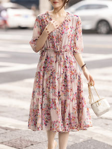 DAIXIANGFEIZI | Đầm Hè Tay Ngắn Chiffon Hoa Văn