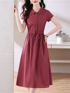 Pure Cotton A-Line Shirt Dress Womens Short Sleeve Commute High Waist Slimming Midi Dress Summer New Style Elegant