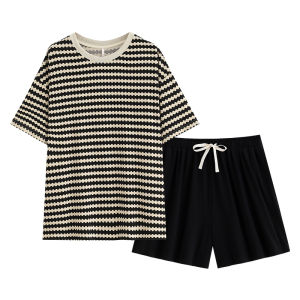 yuenei | Bộ đồ ngủ cotton mùa hè cho nữ Bộ đồ mặc nhà giản dị tay ngắn cổ tròn quần short sọc có thể mặc ngoài trời