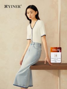 Quần Áo Len Nữ Mùa Hè Thanh Lịch Màu Đối Chọi Cổ V Pha Asetat Chất Liệu Bóng