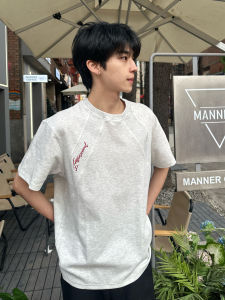 OUMULONG | White and Grey Embroidery Patchwork Heavyweight Straight Shoulder T-shirt