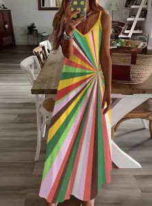 Printed Design Four Seasons Series Holiday Style Bright Stripe Colorful Pattern Dress