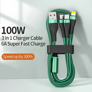 3-in-1 6A Fast Charging Data Cable Luminous 100W Fishing Net Weaving One-to-three General Data Cable Suitable for Mobile Phones Power Banks Earphones Super Fast Charging One Car Data Cable Is Enough Data Cable