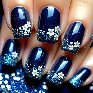 Short Medium Square fake nails for women girls dark blue colors with flowers for Spring summer full cover acrylic press on nails