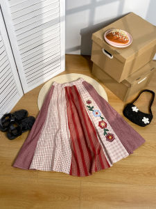 High Waist A-Line Mini Skirt with Embroidered Plaid Fabric Patchwork Design Japanese Style Retro Commute Pure Cotton Skirt