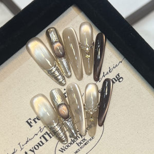 10PCS Brown Cat Eye Press On Nails Resin False Nails with Glitter and Rhinestones for Women Party Wedding Gift