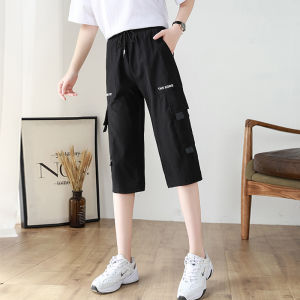 Summer Ice Silk Loose Workwear Shorts Running Pants Thin Seven-Five-Length High-Waist Cargo Pants for Teenage Girls
