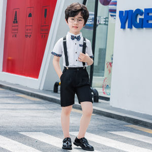 lontakids Boys Formal Gentleman Suit Set Blue White Short Sleeve Shirt with Bowtie Suspender Shorts for Kids 2-12 Years