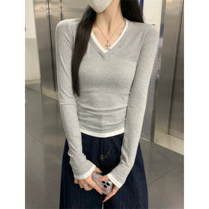 Early Autumn Soft Modal Long Sleeve Womens T-shirt V-neck Slimming Black Fashionable Innerwear Outerwear Shoulder Fit Knitted Top