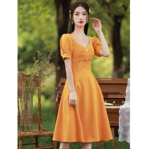 ชุดราตรีสีเหลืองสไตล์ฝรั่งเศส ชุดราตรีสำหรับผู้หญิง ชุดราตรีสีเหลือง ชุดราตรียาวปานกลาง ชุดราตรีสำหรับผู้ใหญ่ ชุดราตรีสำหรับงานวันเกิด