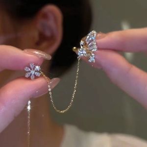 New Arrival Shiny Crystal Butterfly Ear Cuff Clip Earrings For Women Fashion Tassel Chain Flower Stud Earrings Wedding Jewelry