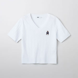 Woodie Series SPAO25 Summer Womens Bear V-neck Short Sleeve Knitted Sweater Commute Style Regular Thickness Single Piece