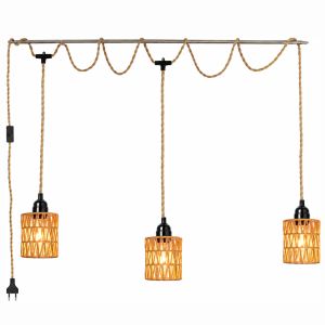 JOYINLED 3-Light Plug-in Rattan Chandelier with Hemp Rope Cord ON OFF Switch Woven Wicker Pendant Light for Dining Room Bedroom