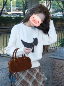 Soft Cozy round Neck Knitted Sweater Womens Early Autumn Casual Style Cartoon Dog Pattern Fluffy Long Sleeve Top