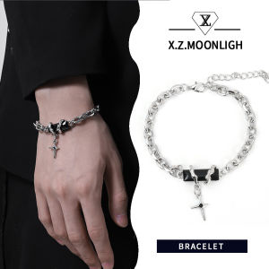 【 X.z. Moonligh】เครื่องประดับแนวพังก์โซ่แสตนเลสสร้อยคอแบบจี้ห้อยรูปดาวไขว้สีดำแซฟไฟร์