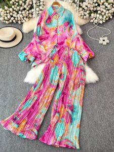 Bộ Đồ Hai Mảnh Thời Trang Cho Nữ Áo Sơ Mi in Họa Tiết Tay Đèn Lồng Rộng Rãi Quần Dài Xếp Ly Cạp Cao Mùa Xuân
