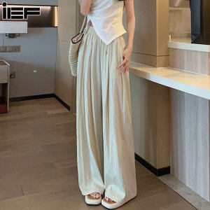 กางเกงผู้หญิง ขาบานผ้า ไหมน้ำแข็ง กางเกงบางเอว สูงผ้าลม ลินินสไตล์ ญี่ปู กางเกงขา สั้นตรง ขี้เกียอง