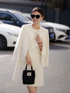 VESSI Gold President High-End Embroidered Pearl Small Fragrance Style Woolen Box Coat Womens Short Outerwear Polyester Blend