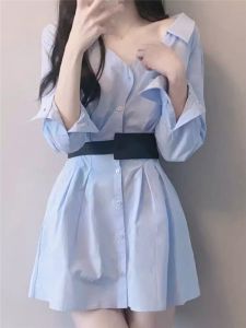 Sweet And Cool Polo Collar Long Sleeve Dress Womens Early Autumn New Irregular Shirt Dress Short Skirt for Small Figures