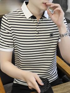HENGYUANXIANG | Hengyuanxiang Mens Short Sleeve T-Shirt Casual Stripe POLO Shirt Summer Embroidered Collar Versatile Comfortable Cotton Top