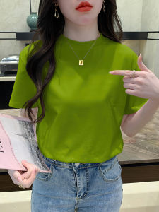 Dopamine Loose Short Sleeve T-Shirt Women Summer Shoulder 2025 New Half High Collar Avocado Green Slimming Top Casual Style Pure Color Cotton