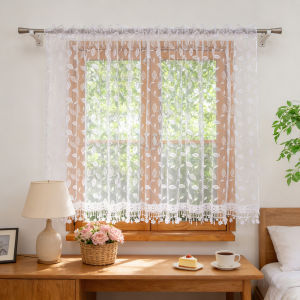 1PC Classic Sheer Curtain Leaf Pattern Solid Color Lace for kitchen living room coffee shop holiday decoration