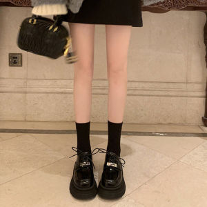 Spring 2025 Womens Leather Oxford Shoes Lock Buckle Thick Bottom Platform Single Shoes British Style round Toe mid Heel Rubber Sole