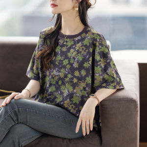 DAIXIANGFEIZI | Cotton Short Sleeve Slimming Loose Mom Style Floral T-Shirt