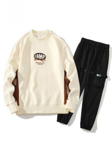 ROMON | Romon Mens Casual Sports Set Spring Autumn New Print Round Neck Sweatshirt Outdoor Running Fitness Two Piece Set Polyester Fiber