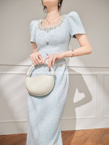 ชุดเดรสยาวคอเหลี่ยมสีน้ำเงินสไตล์ฝรั่งเศส ชุดเดรสผู้หญิงฤดูร้อน ชุดเดรสยาว ชุดเดรสทรงเอเอวสูง แขนสั้น ปกติ