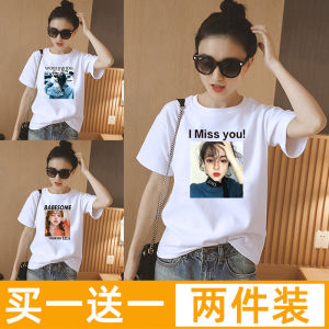 Loose Womens T-Shirt Summer Short Sleeve White Oversize Fashionable Korean Style round Neck Print Casual Top for Young Women