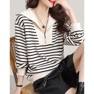 Fashionable Brand Outlet Striped Half Zipper Collared Sweatshirt Womens Early Autumn Anti-Aging Stylish Top Korean Style Long Sleeve