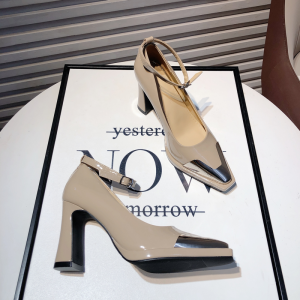 Fashionable Metal Pointed Toe High Heels Womens New 2025 Thick Heel Single Shoes Elegant Soft Surface Leather Slip-On Shoes