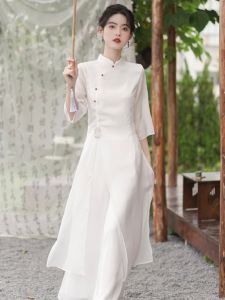 Elegant Chinese Cheongsam Dress Womens Fairy Atmosphere Hanfu Zen Style Retro Ear Picking Tea Ceremony Costume A-Line Skirt